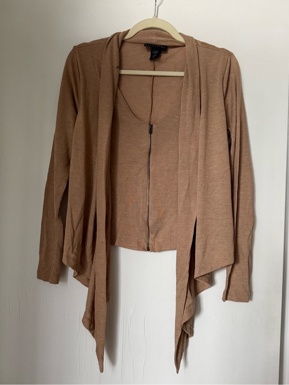 attention Tan/Camel Draped Zip-Front Vintage Women's Cardigan
